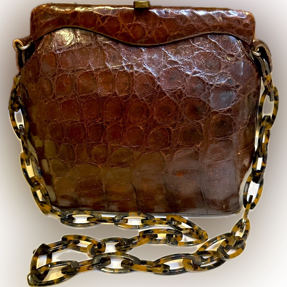 VTG SURREY ORIGINAL ALLIGATOR CROCODILE PURSE CHAIN LINK TORTOISE SHOULDER STRAP